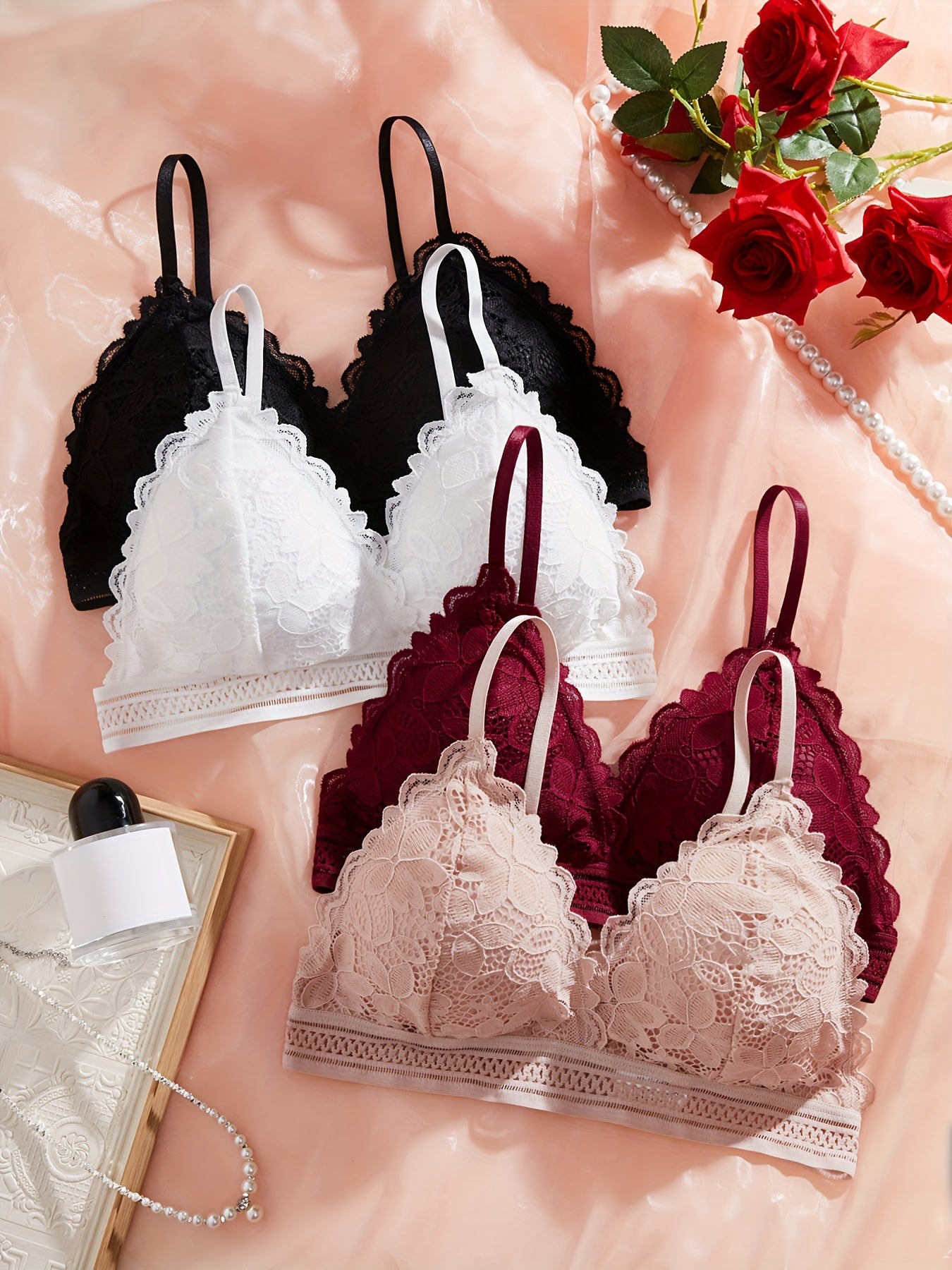Women’s Lace Push-Up Bras Pack of 4 with Chest Pads and Comfortable Fit