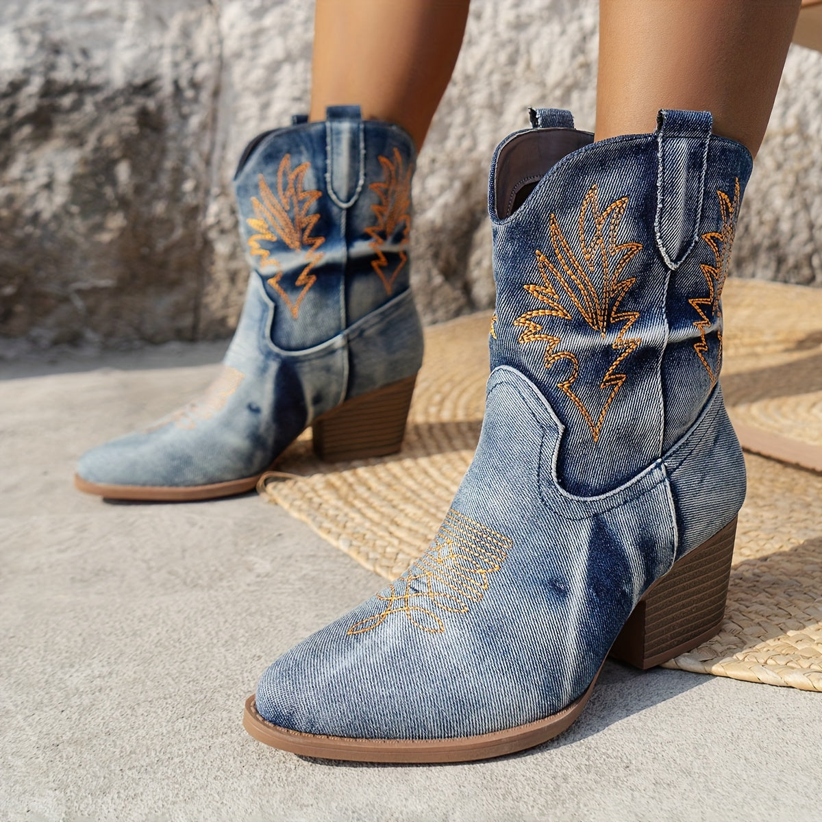 Women's Vintage Embroidered Western Cowgirl Boots with Wooden Heel and Pointed Toe