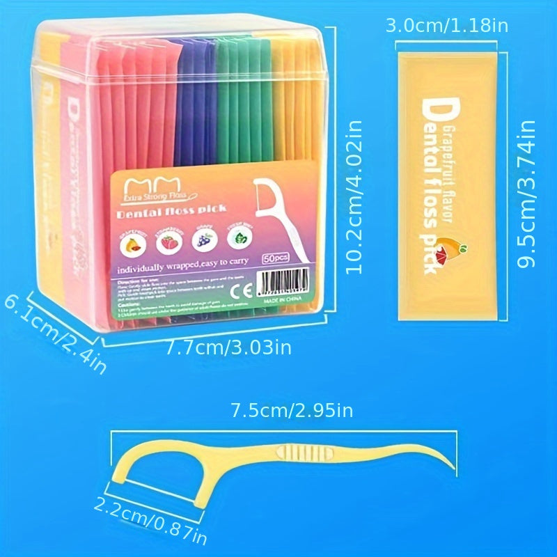 Box Of 50 Fruit-Flavored Floss Picks Mint Toothstring Disposable Floss