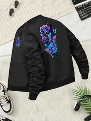 Plus Size Women's Black Floral Butterfly Print Casual Jacket with Pockets