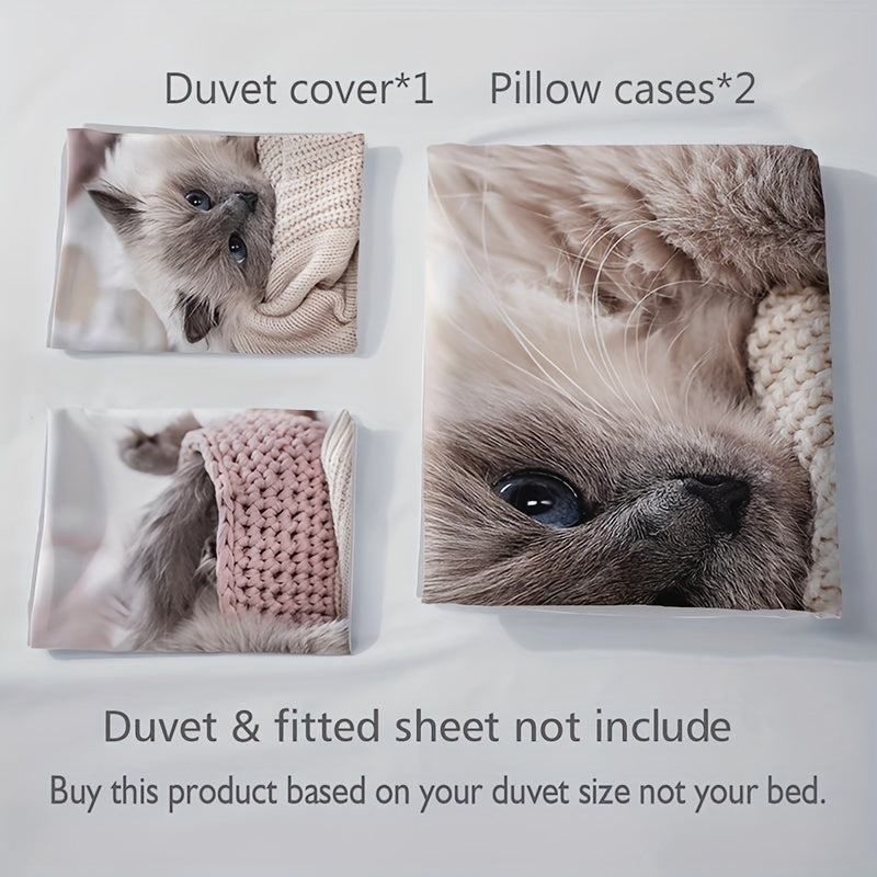 Polyester Duvet Cover Set with 3 Pieces 1 Duvet Cover 2 Pillowcases All Season Cat Print Bedding