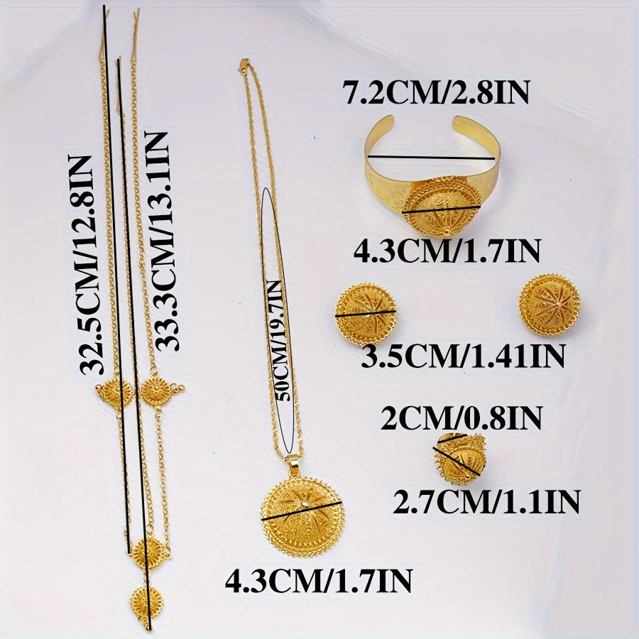 Vintage Copper Alloy Jewelry Set with Necklace Earrings Ring Bracelet and Head Chain for Weddings and Parties