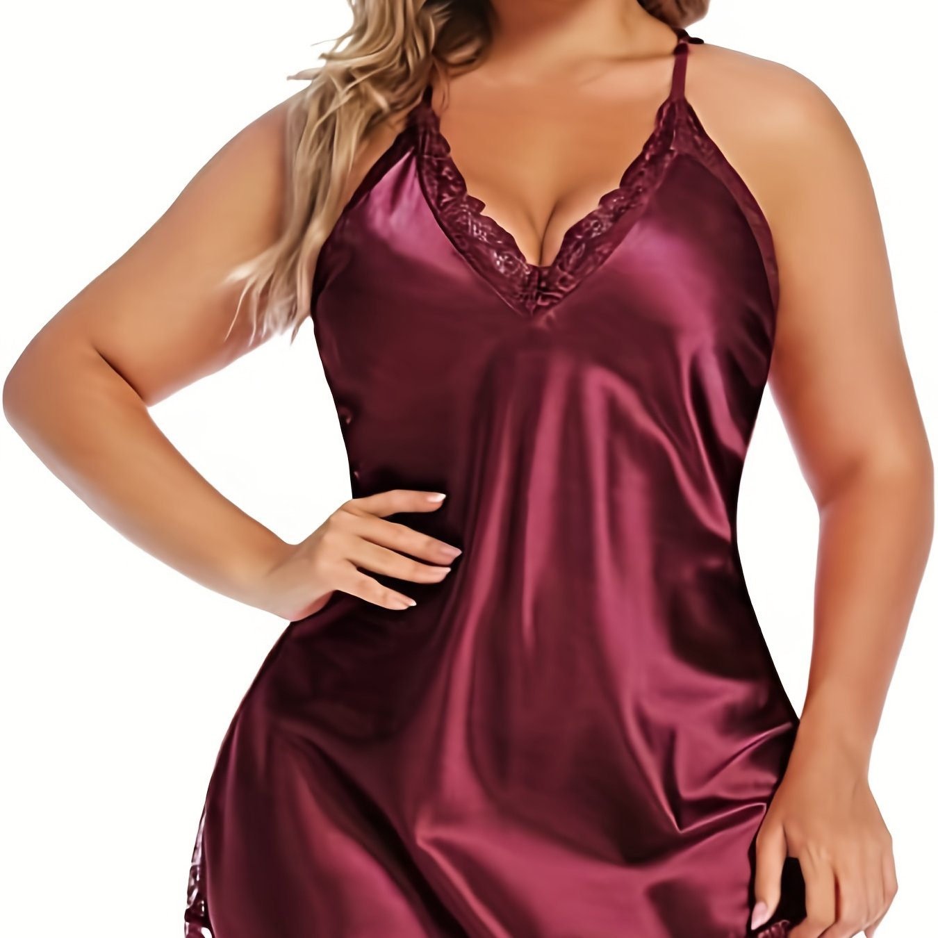 Plus Size Satin Lace Nightdress with Thong for Women Breathy V-Neck Pajama