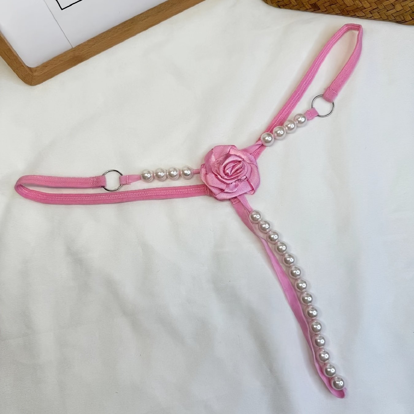 Women's Rose Patch Thong Panties with Faux Pearl Decorations Lingerie