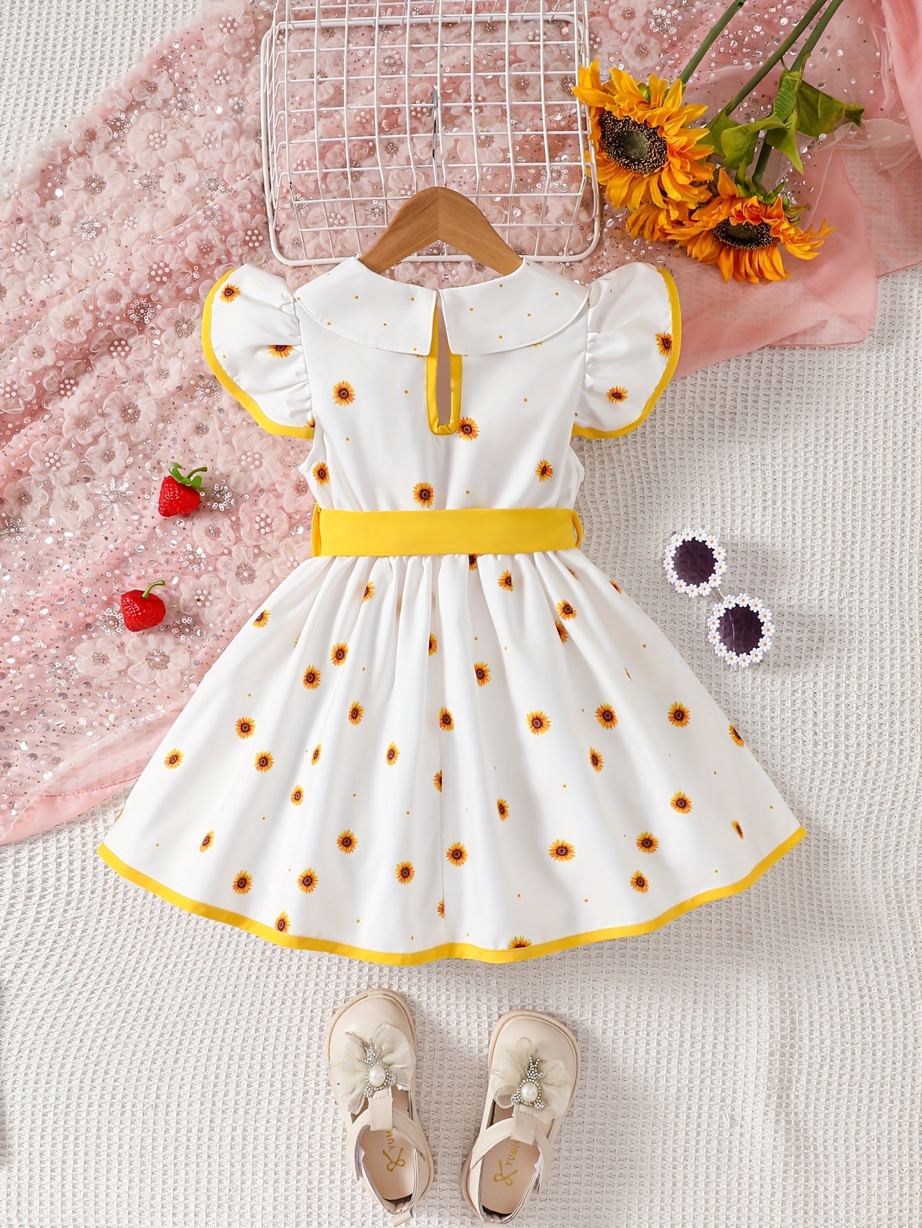 Girls' Woven Polyester Summer Sleeveless Dress with Doll Collar Ruffled Hem and Strawberry Pattern