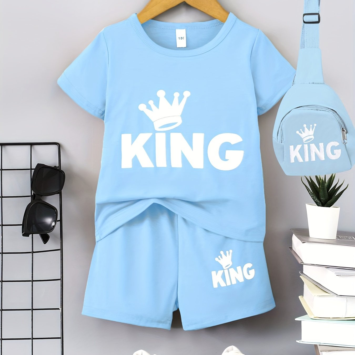 Boys' Casual Outfit Set Black "KING" Crown Print Polyester T-Shirt Shorts Crossbody Bag Spring Summer