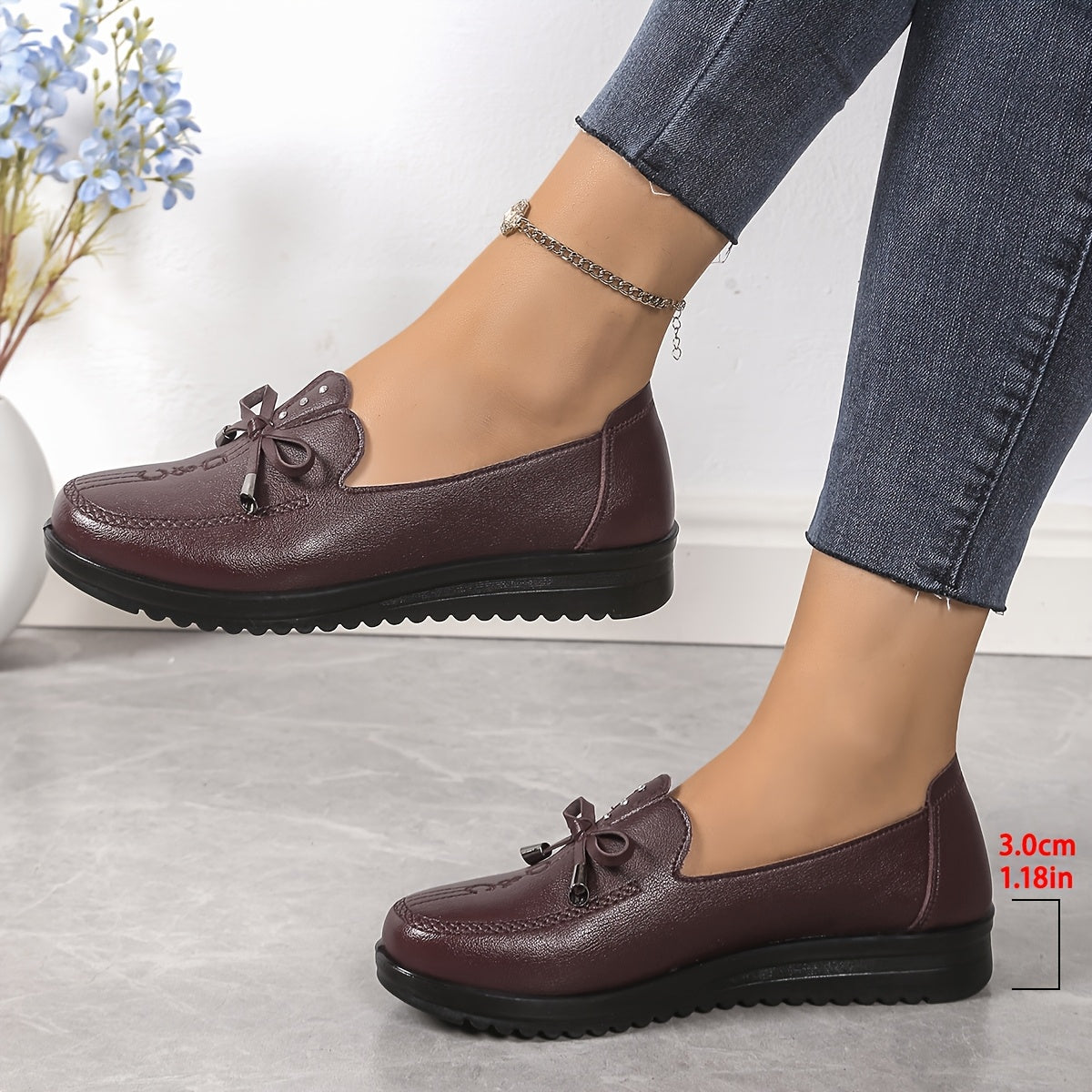 Women's Slip-On Flats Burgundy PU Casual Shoes Cushioned Insole