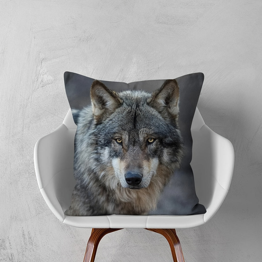 Gray and White Flannel Throw Pillow Cover with Wolf Design for Living Room Decor