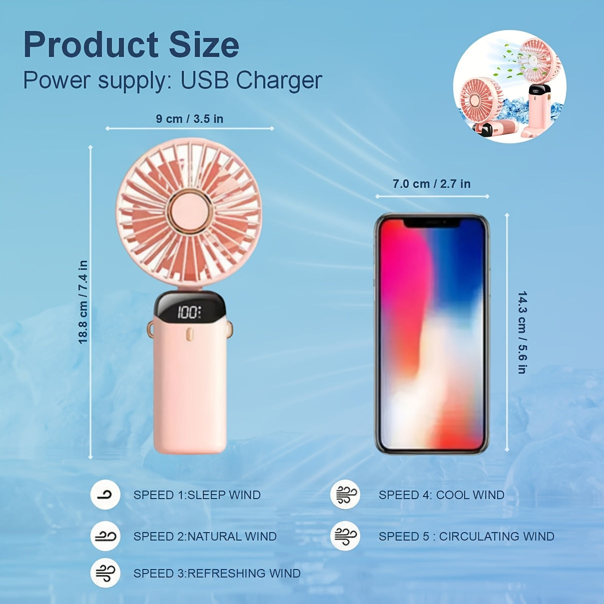 Portable Handheld Fan with Digital Display 5 Speed Adjustable Rechargeable Lithium Battery