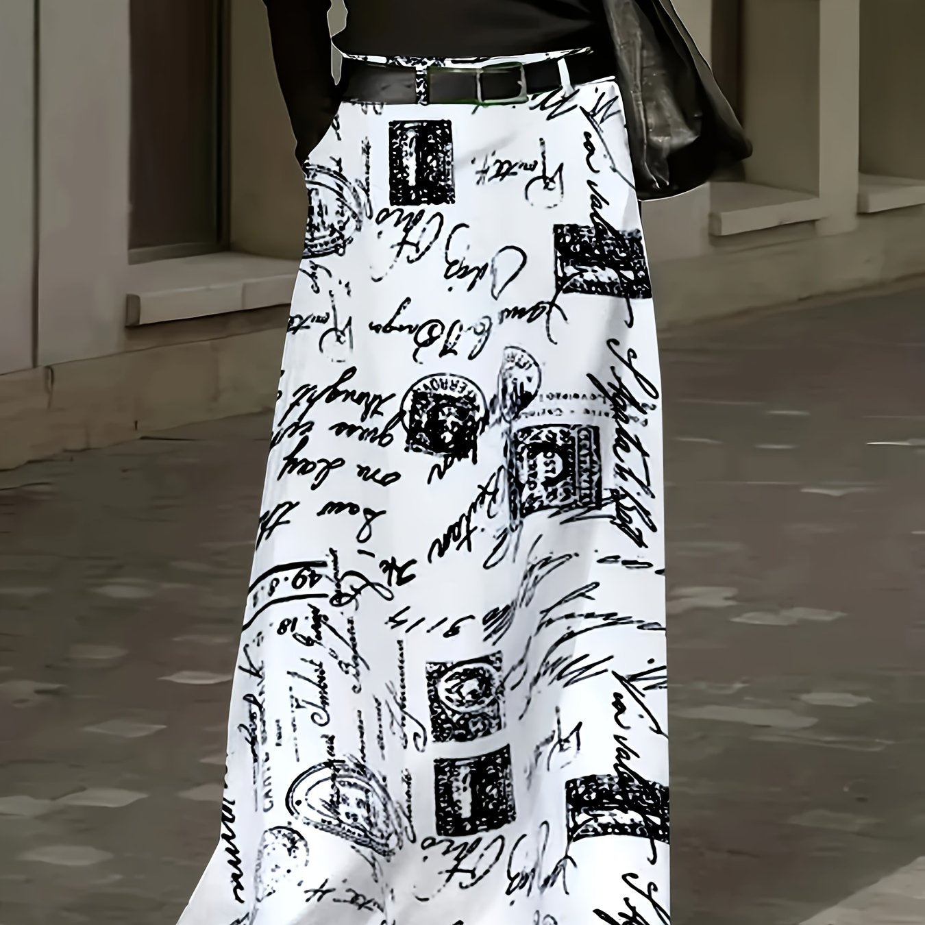 Plus-Size Geometric Print Midi Skirt with Pockets Polyester Flared All-Season