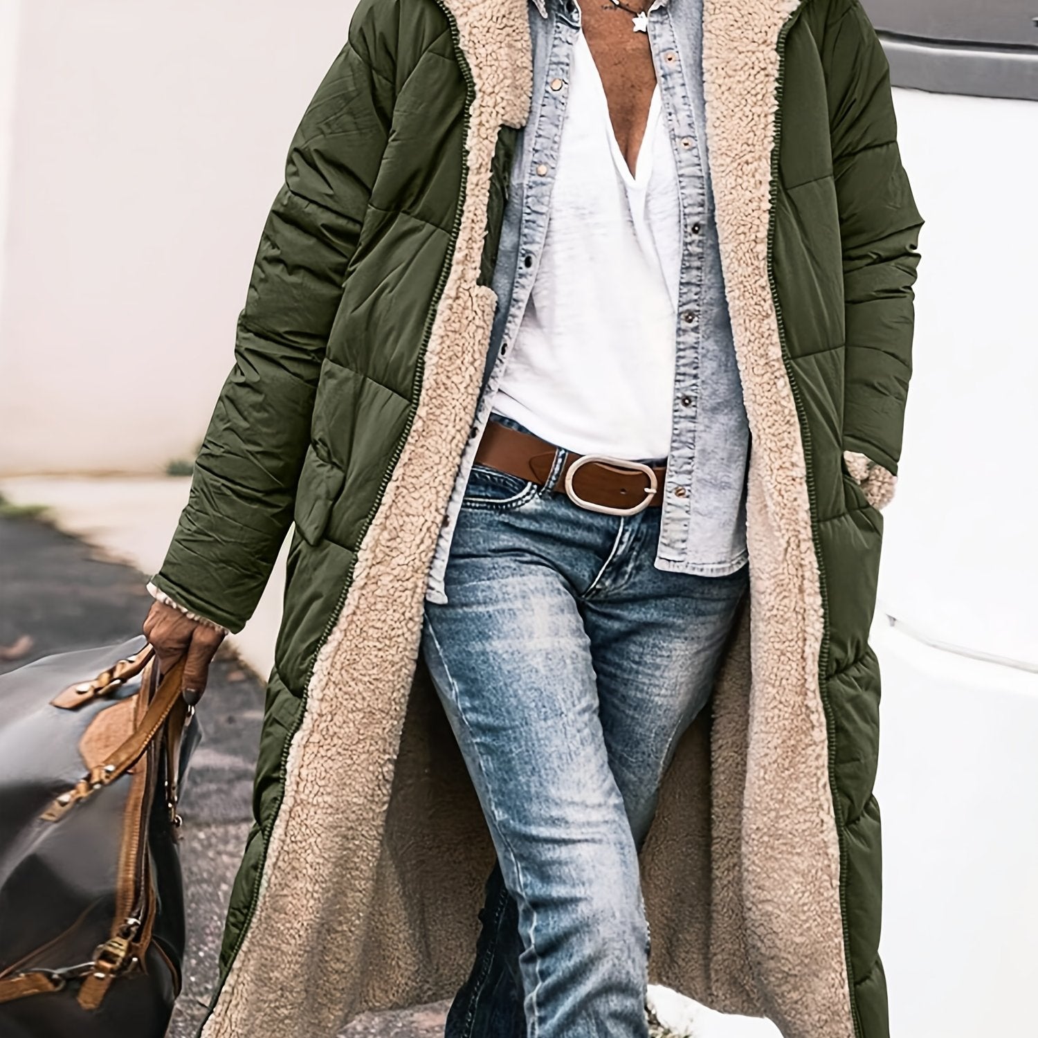 Long Padded Coat for Women with Fleece Lining Knee-Length Solid Color Winter Outerwear