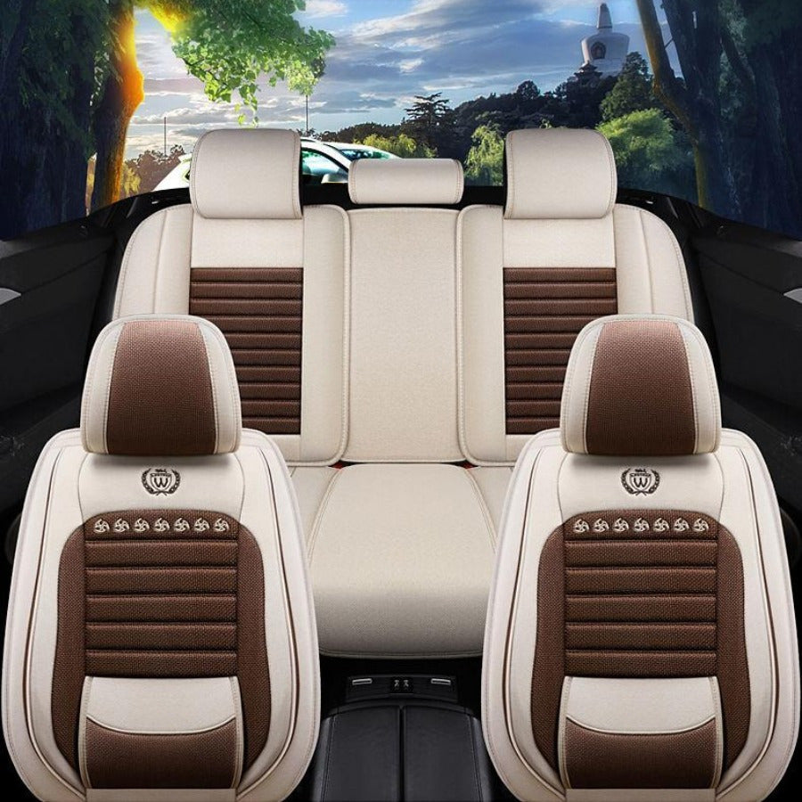 Summer Linen Breathable Car Seat Covers Full Set for 5 Seats Black Brown