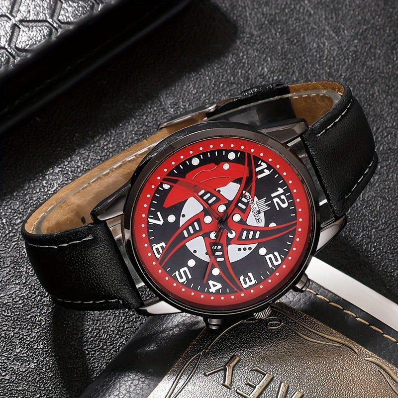Men's Red Black Quartz Leather Watch and Bead Bracelet Set Gift for Him