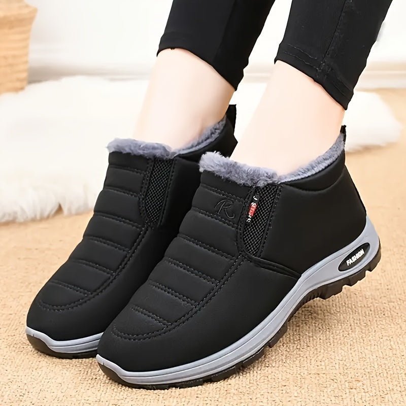 Women's Winter Snow Boots Fleece-Lined Slip-On Solid Color Rubber Sole