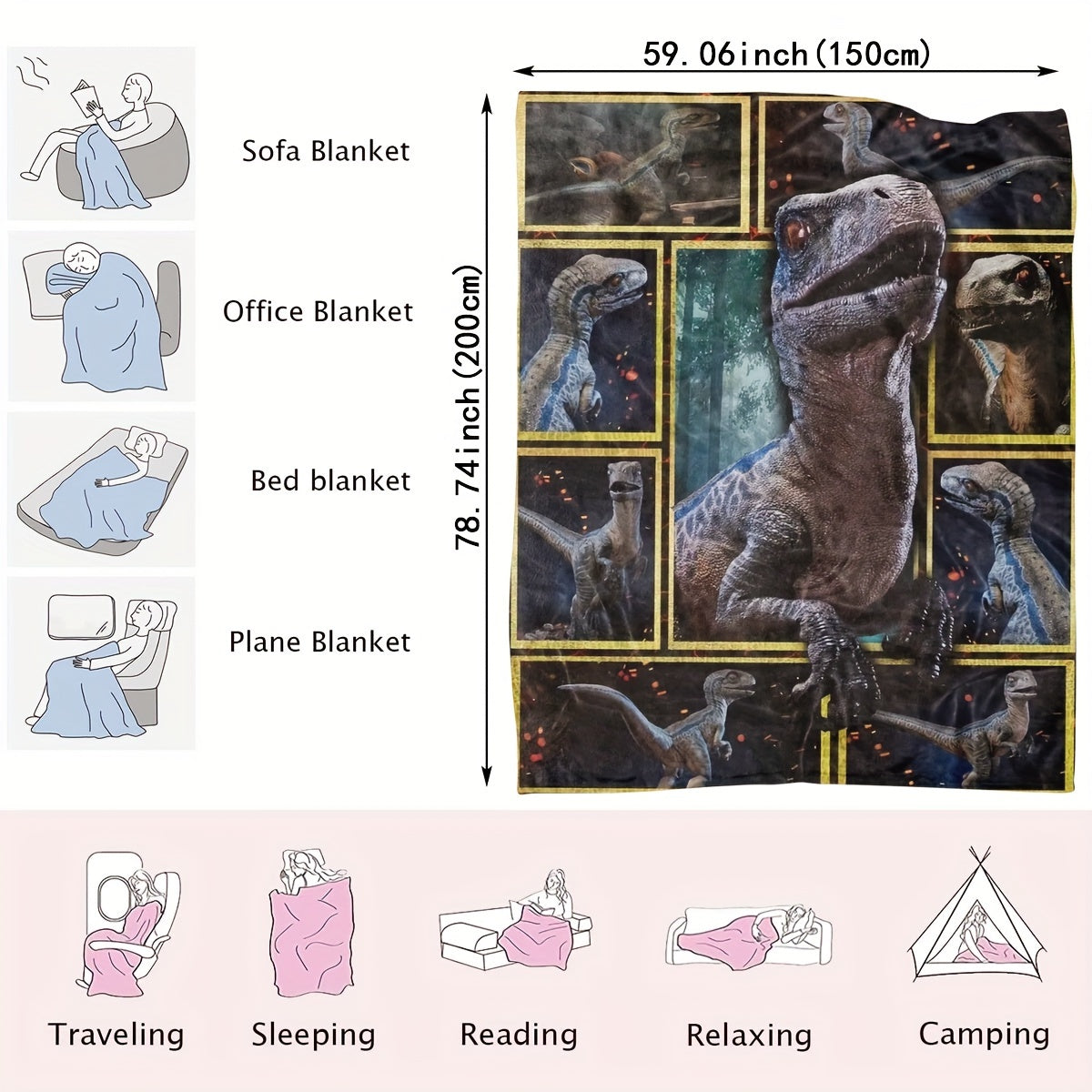 Plush Throw Blanket Geometric Dinosaur Pattern Polyester All-Season