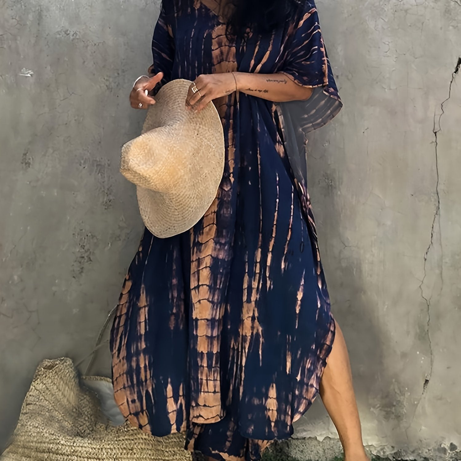 Плюс сайз туника-кафтан с эффектом тай-дай, V-образный вырез, рукава-крылья, женская одежда