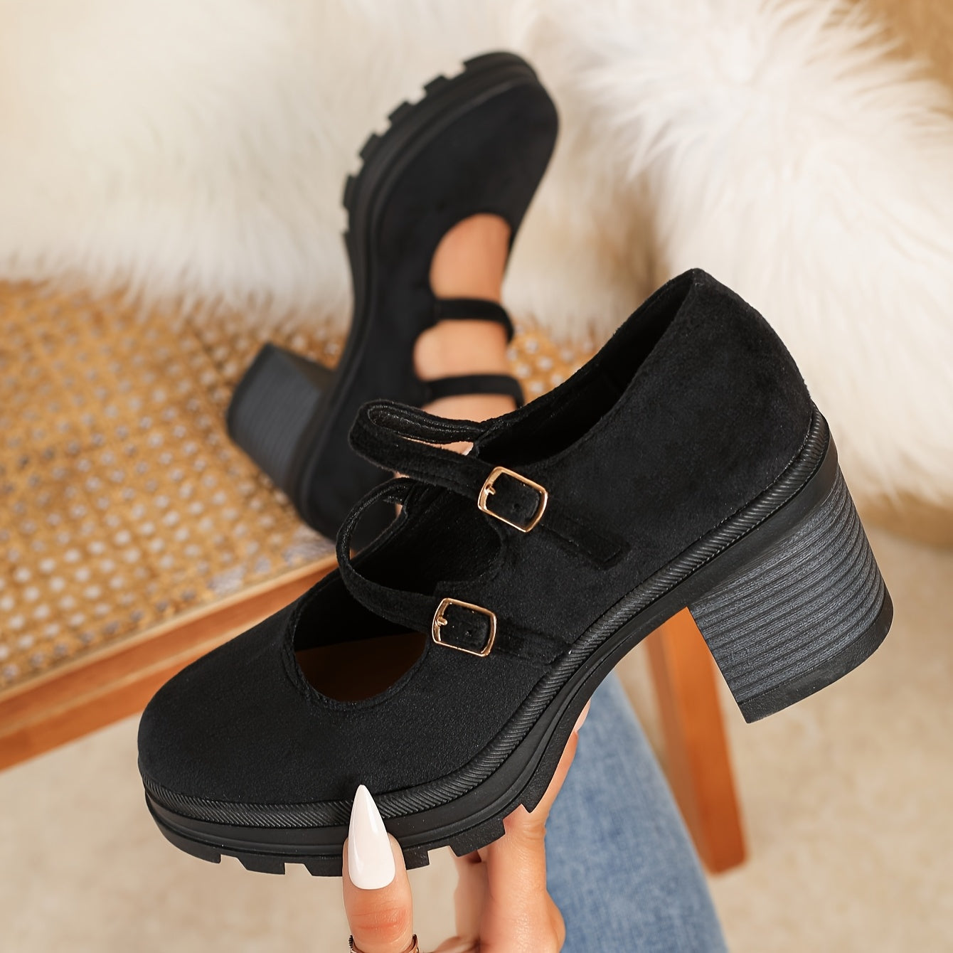 Women's Retro Chunky Heel Mary Jane Dance Shoes Beige Platform Slip-On Loafers