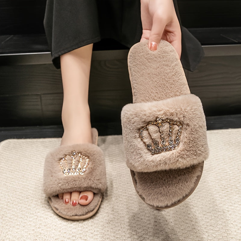 Women's Fuzzy Slippers Rhinestone Crown Indoor Non-slip Cozy Shoes