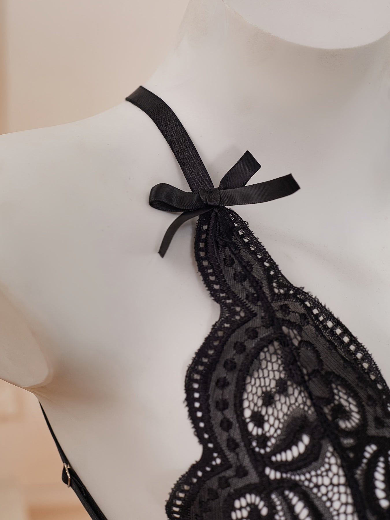 Women’s Lace Bodysuit Deep V Halter Backless Hollow Details Polyamide Elastane Solid