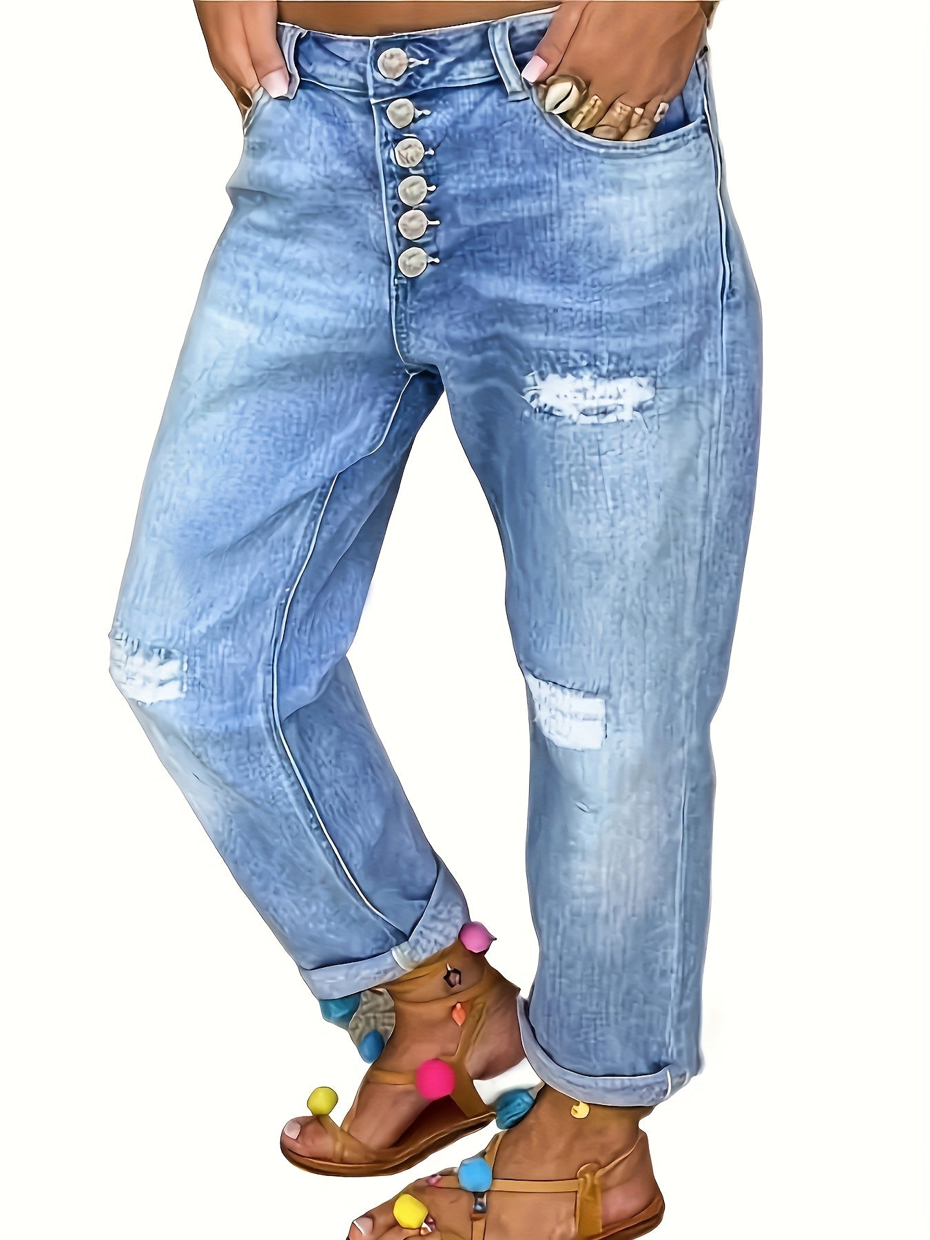 Women's Plus Size High-Waisted Stretch Denim Jeans Distressed Casual Pants