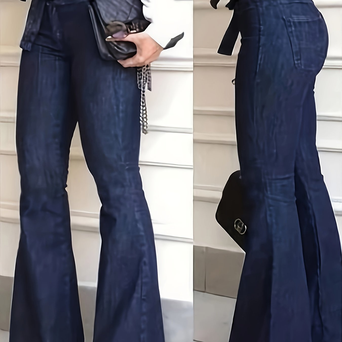 Women's Navy Blue High-Waist Flared Jeans with Stretch Denim and Tie Waist