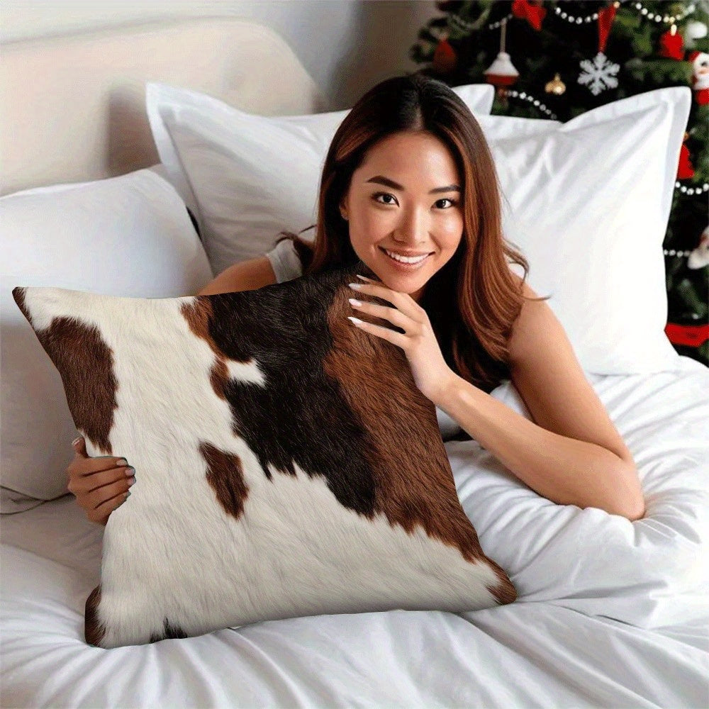 Set of 2 Farmhouse Cowhide Print Pillow Covers 45.72x45.72 cm Flannel Zipper Closure