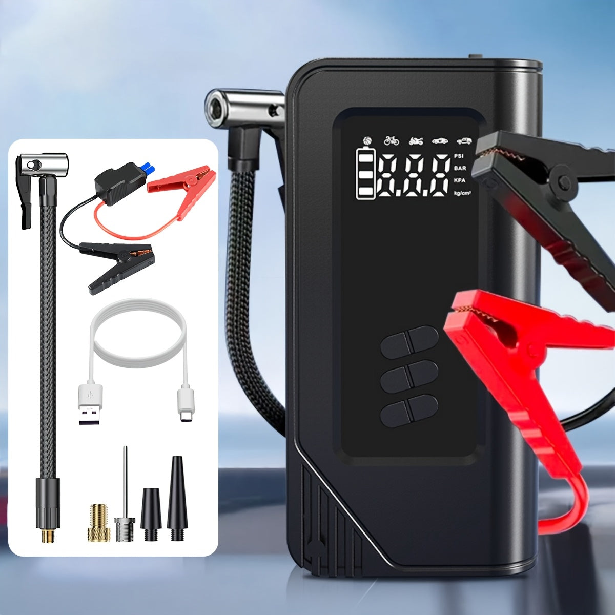 Portable Car Jump Starter with Air Compressor Tire Inflator Digital Display USB-C Power Bank