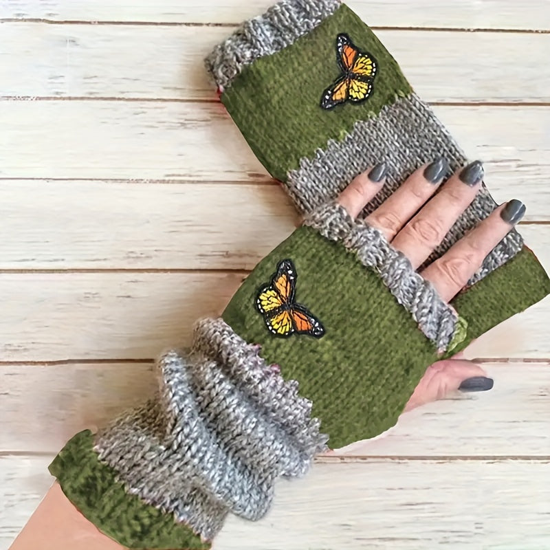 Knit Fingerless Gloves with Butterfly Embroidery Color Block Windproof Warm for Autumn Winter
