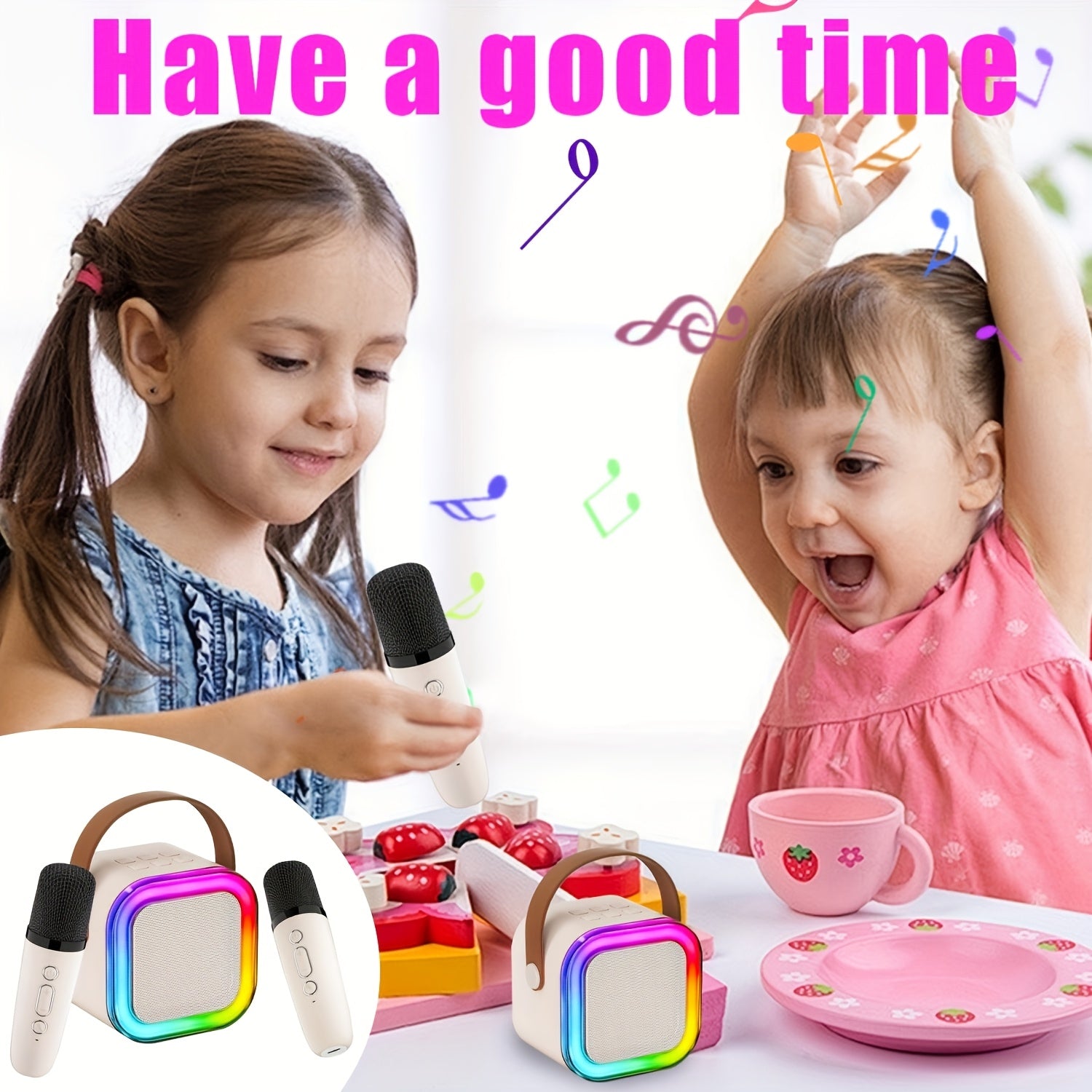 Wireless Karaoke Machine for Kids and Adults with Dual Microphones Lights USB Rechargeable Pink or Cream