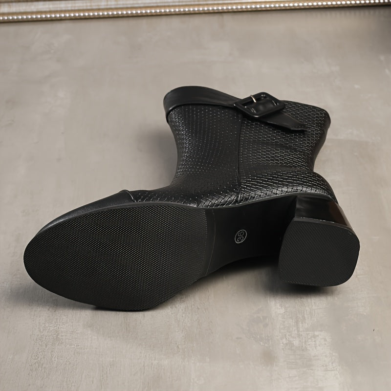 Women's Fleece-Lined Winter Mid-Calf Boots Slip-Resistant Hex Pattern Black