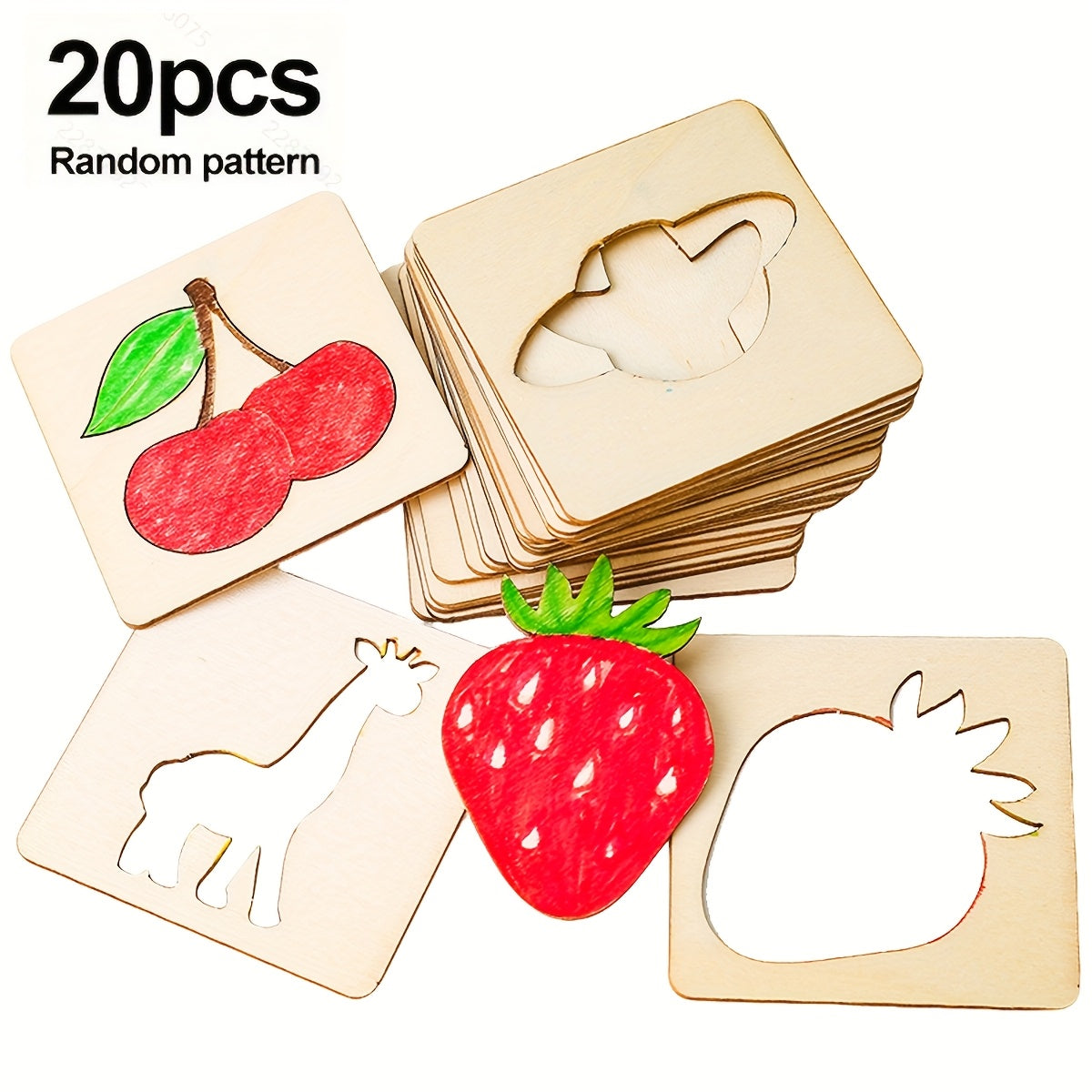Wooden Craft Stencils Set 20pcs Animal and Fruit Designs Apricot for Kids Art and Craft Projects