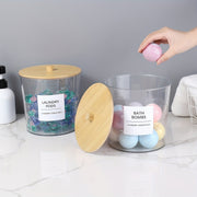 1 yoki 2 ta katta shaffof kir yuvish konteynerlari to'plami, bambuk qopqoq va yorliqlar bilan plastik tarqatish idishlari, kir yuvish xonasi aksessuarlarini, saqlash va tashkil etish uchun mukammal.