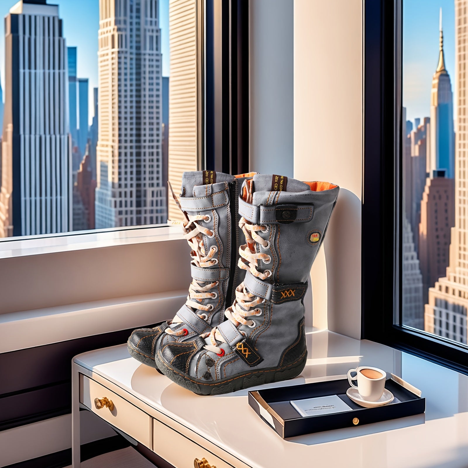 Women's Ankle Boots Winter Vintage Multi-Patch Leather Fleece Lined