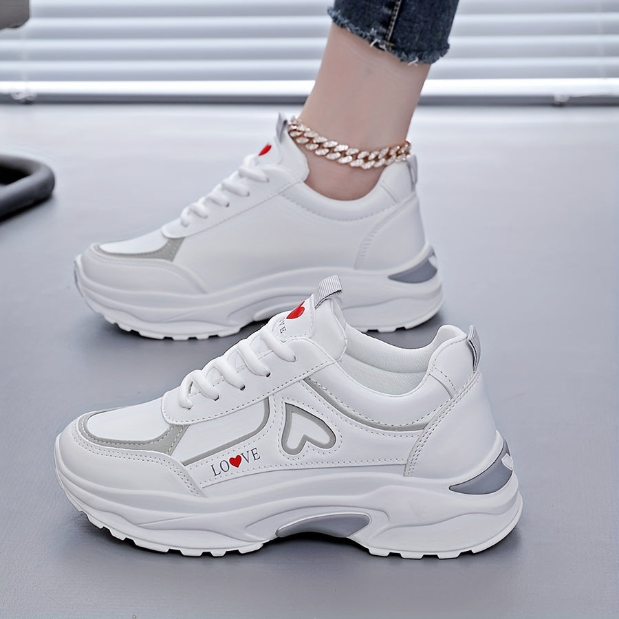 Women's White Sneakers with Black Accents Casual Running Shoes Thick Sole