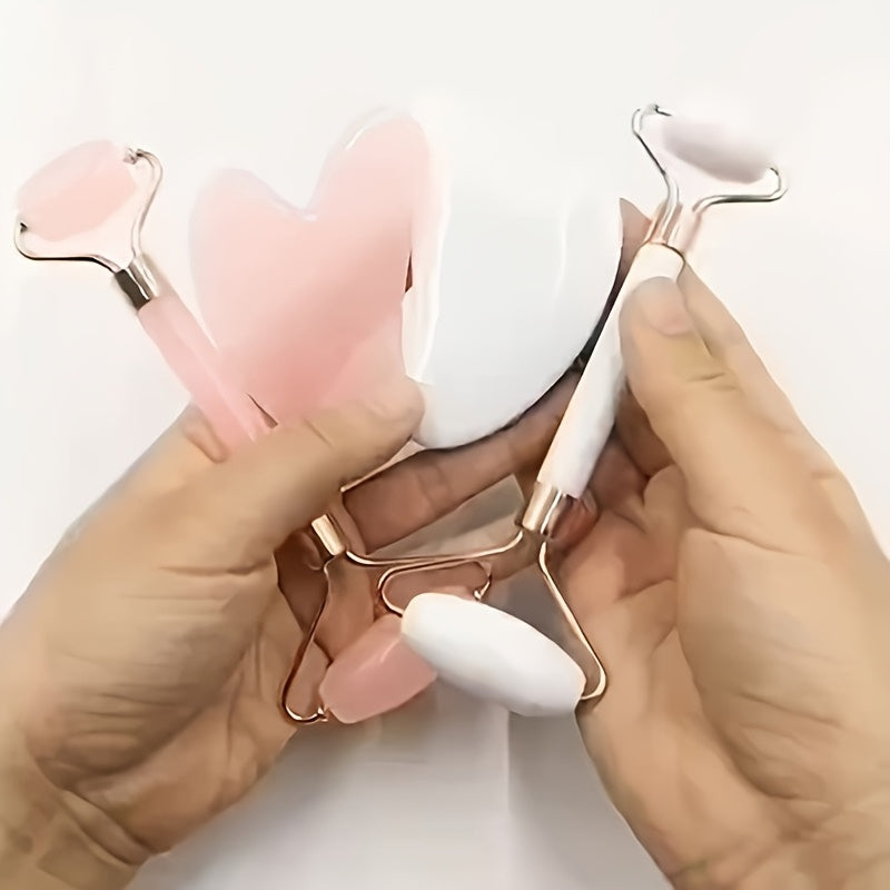 Heart-Shaped Stone Facial Massage Tool with Dual-Ended Gua Sha and Roller Fragrance-Free