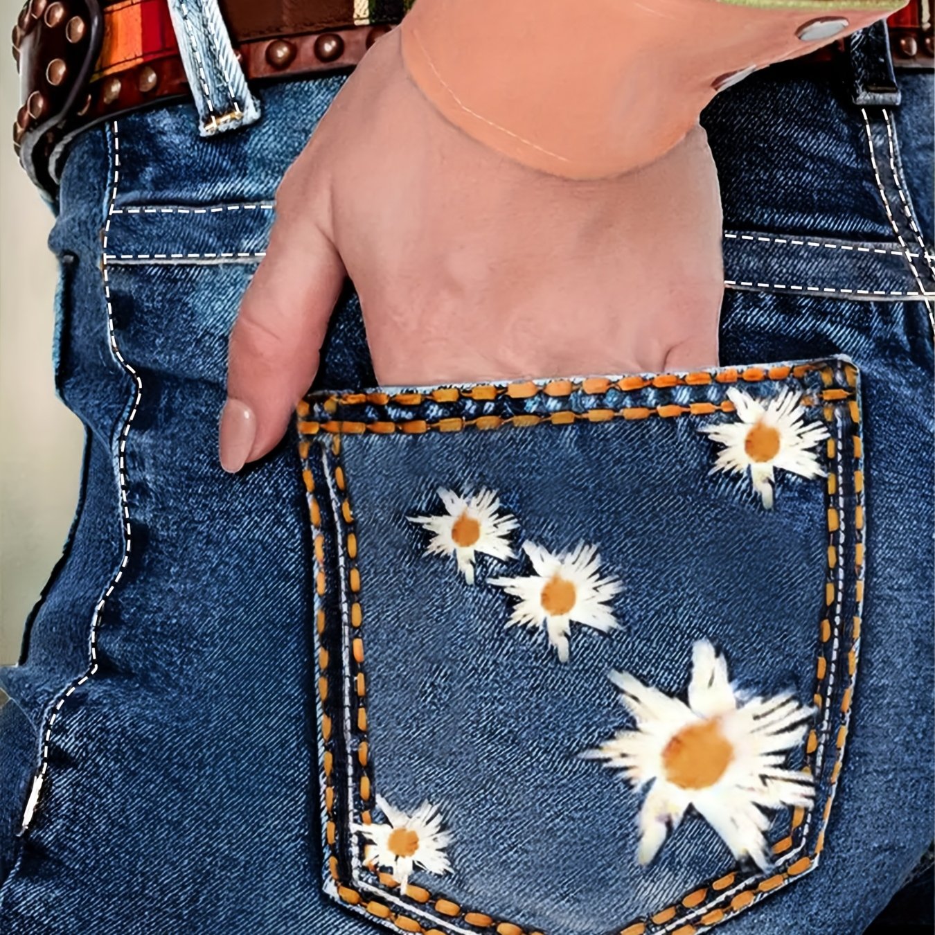 Plus Size Women's High-Waisted Flared Jeans Blue Floral Embroidered