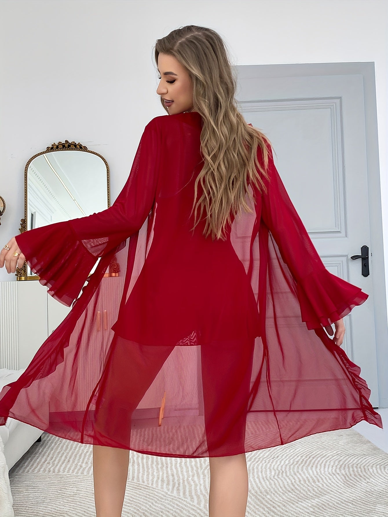 Women's Sheer Mesh Pajama Set with Lace Trim V-Neck Long Sleeves Fall Winter