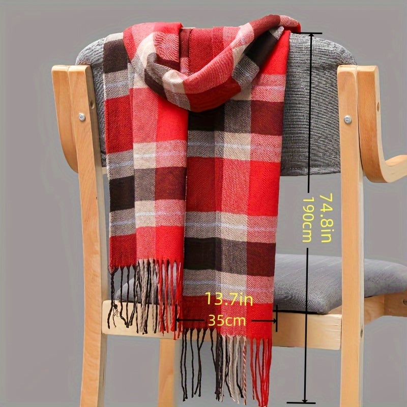 Men's Imitation Cashmere Scarf with Tassel Detail in Plaid Pattern for Fall Winter