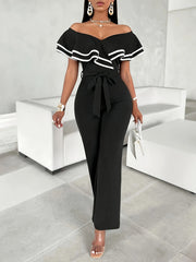 Women's Plus Size V-Neck Ruffle Sleeve Color Block Jumpsuit Black White