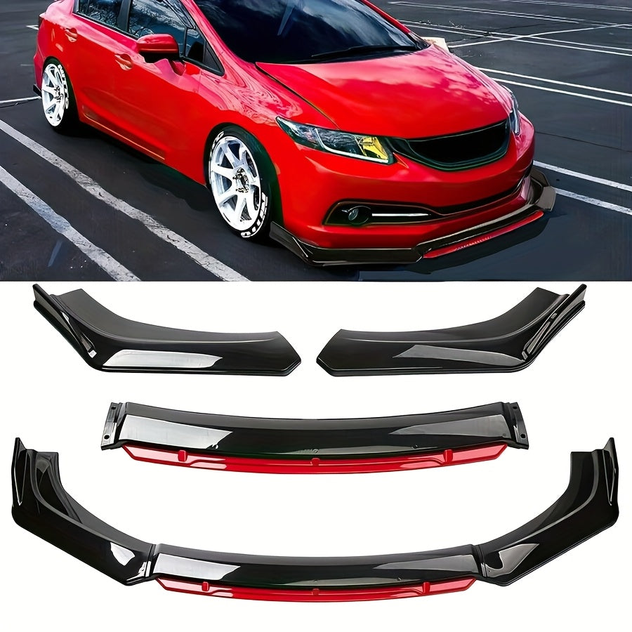 4Pcs Car Front Bumper Lip Spoiler Splitter Kit Red Black PP Durable Aerodynamic