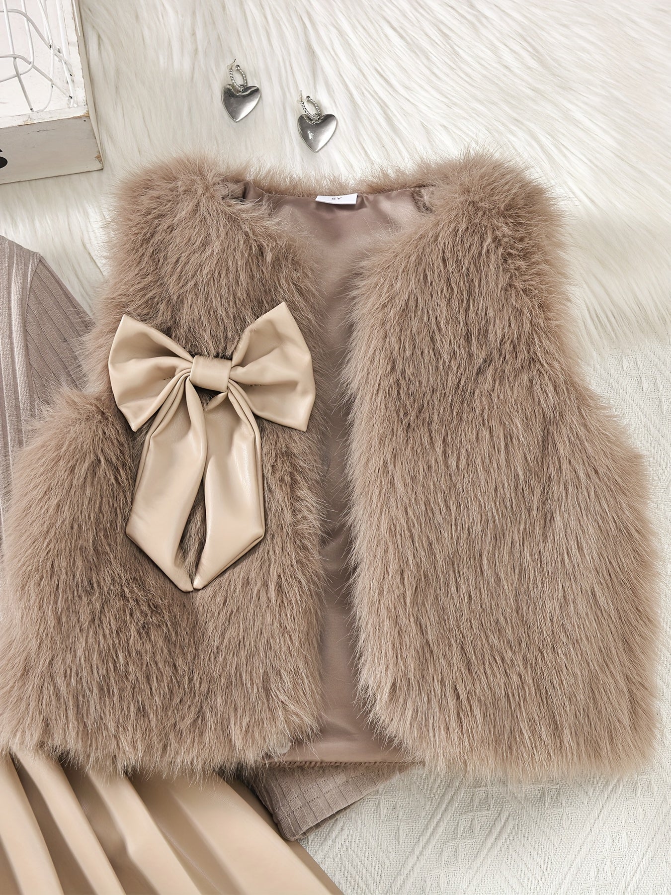 Girls' Knit Set with Mock Neck Top, Pleated Skirt, Furry Bow Vest for Fall Winter