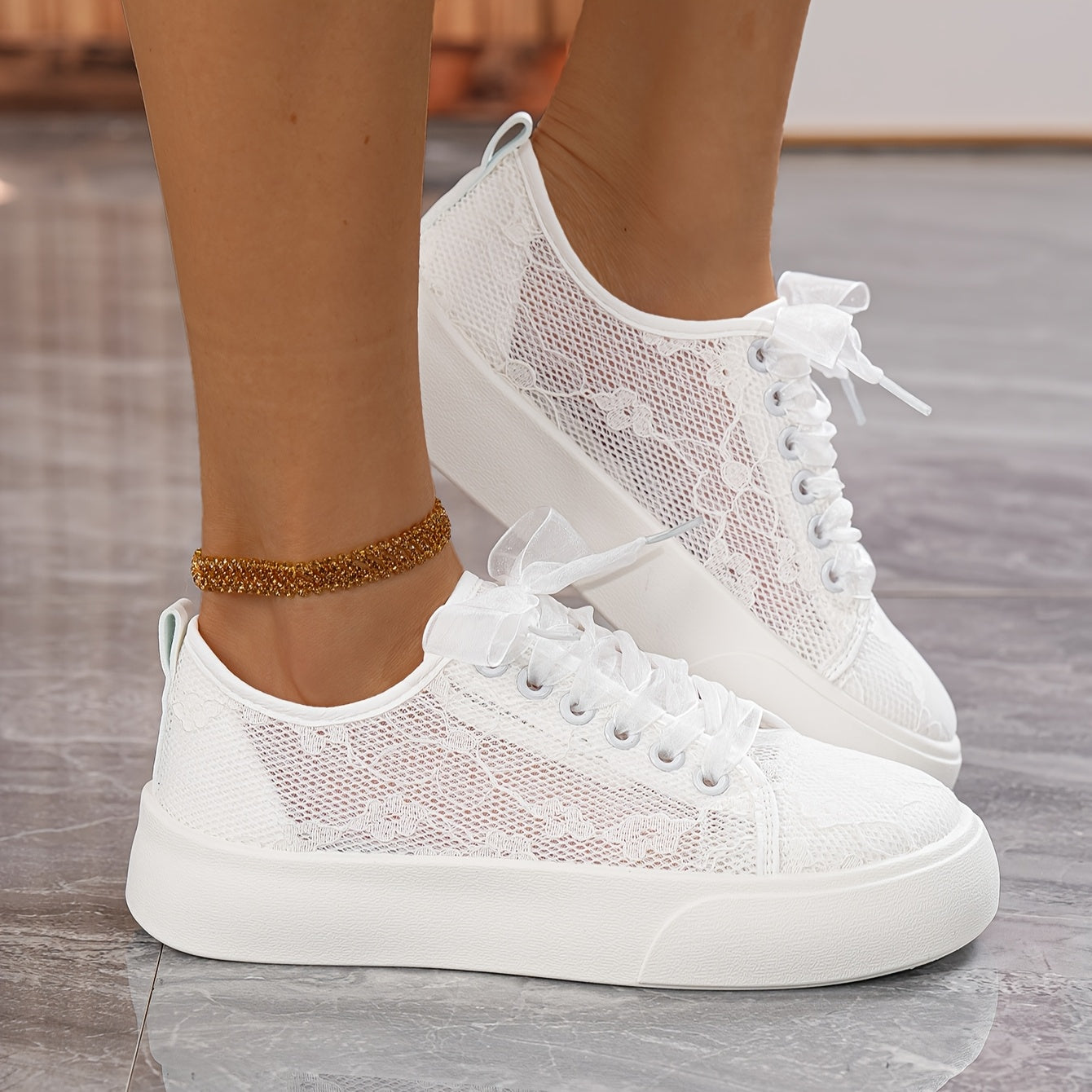 Women Breathable Flat Sneakers with Rubber Soles, Lace-Up, Casual Shoes