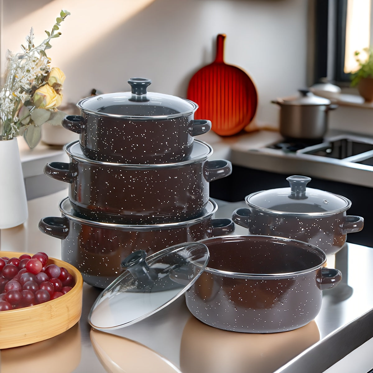 Yengil emalli qozonlar to'plami, 3 ta qism, yopishqoq bo'lmagan oshxona idishlari, sho'rva, qaynash, qovurish uchun