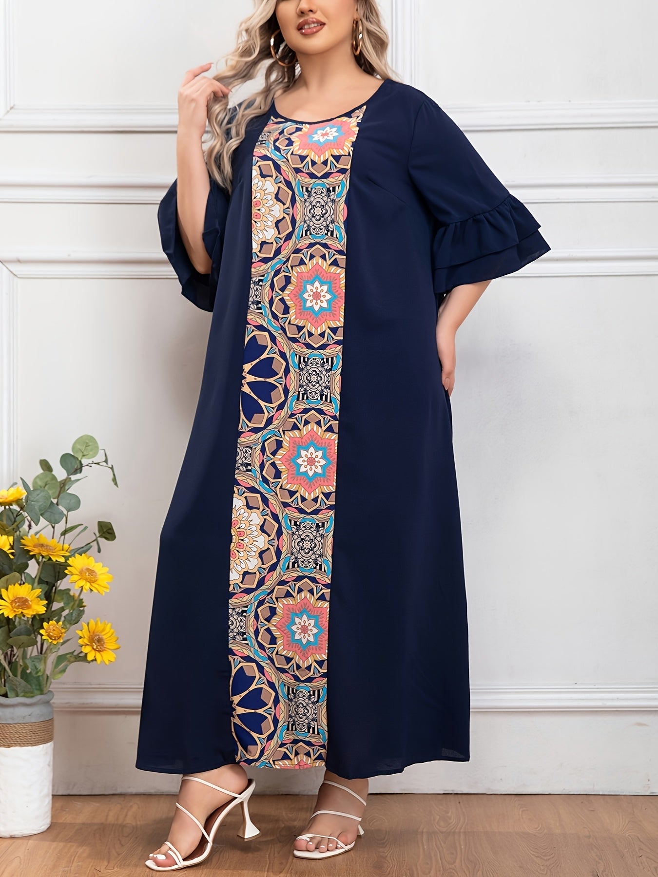 Plus o'lcham ayollar uchun erkin fitli krepe kiyi bilan yorqin bosma, barcha mavsumlar uchun qulaylik