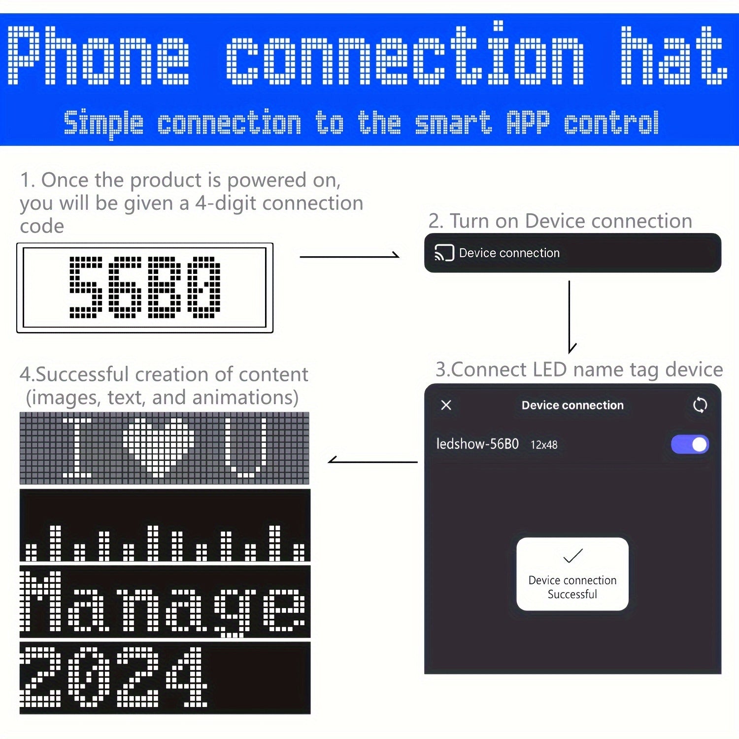 Rechargeable Wireless LED Badge 48x12 Pixel Matrix Display App-Controlled Customizable for Events Nightclubs Hotels