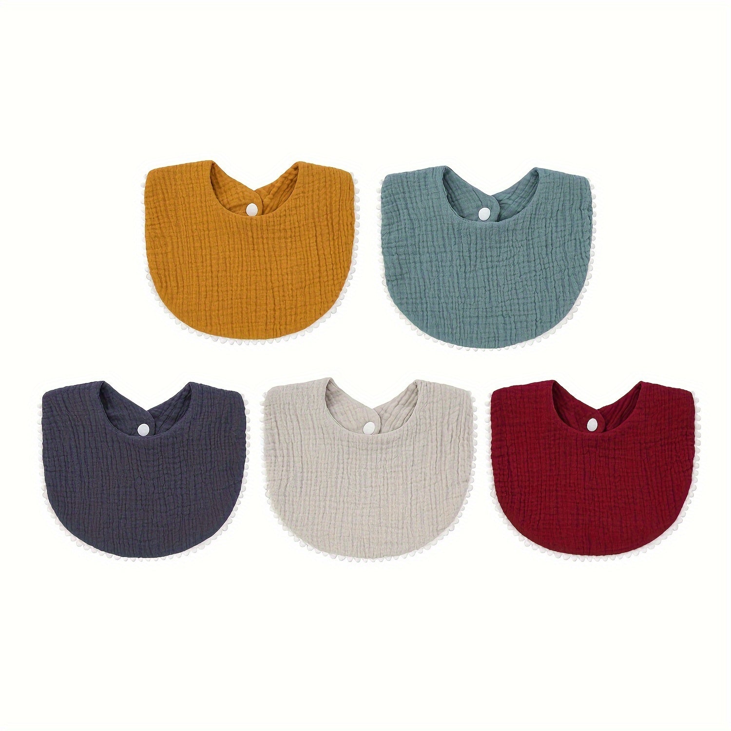 Set of 5 Baby Muslin Bibs with Pom Pom Accents Soft Adjustable Drool Bibs for Infants