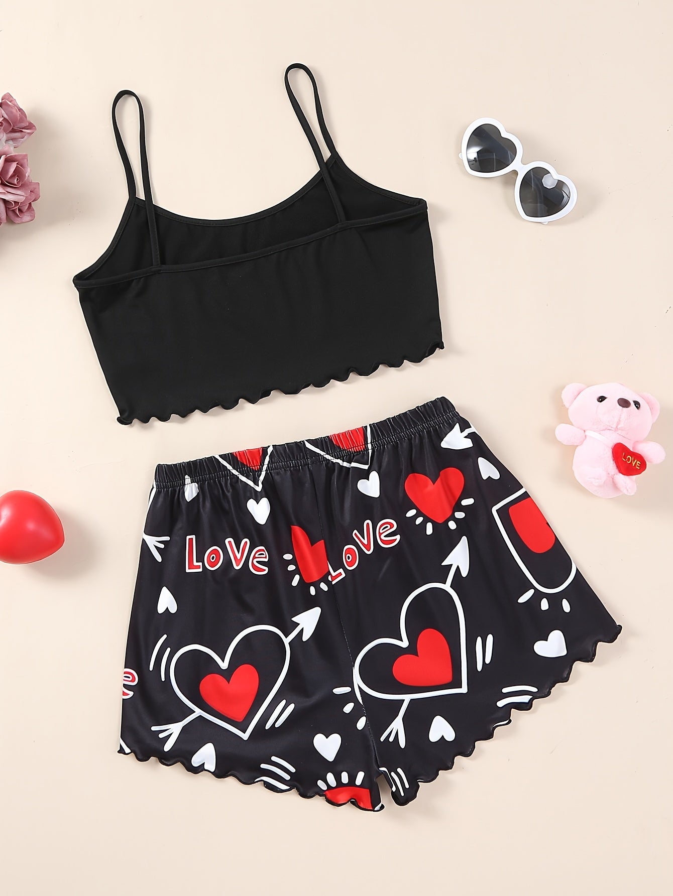 Women's Valentine's Day Pajama Set Heart Slogan Print Lettuce Trim Cami Top Elastic Shorts