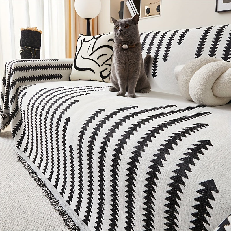 Chenille Sofa Cover with Tassel Style Anti-Pet Scratch All-Season Non-Slip Couch Protector for Home Decor