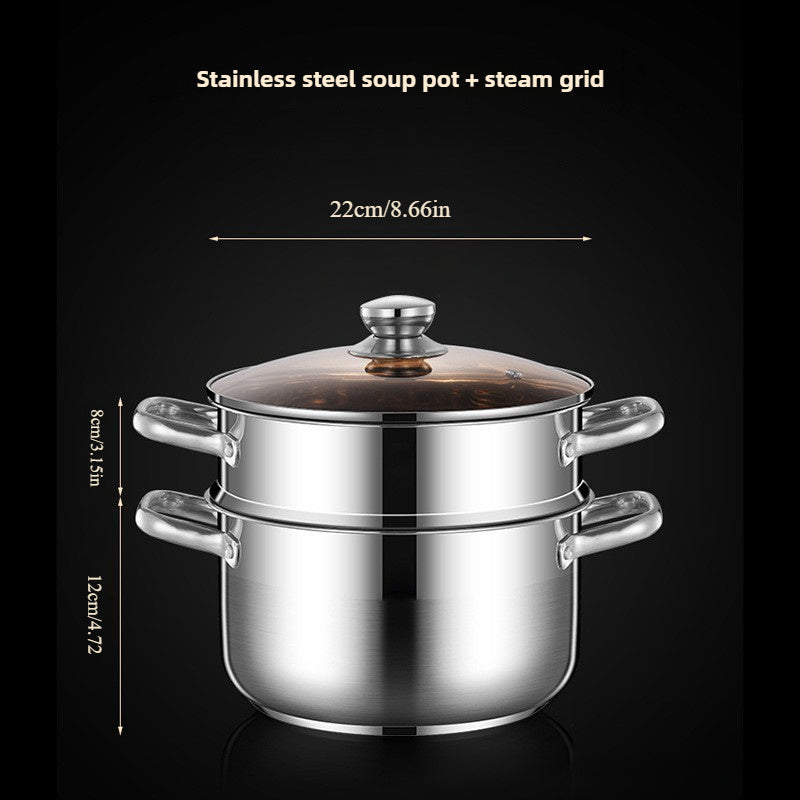 Stainless Steel Steamer Pot with Double Layer Basket 21.84cm for Induction Gas Stove