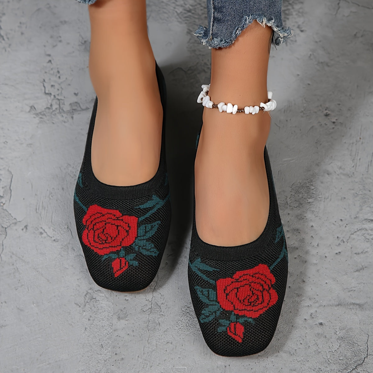 Zapatos planos para mujer con patrón floral, punta cuadrada, para todas las estaciones, casual